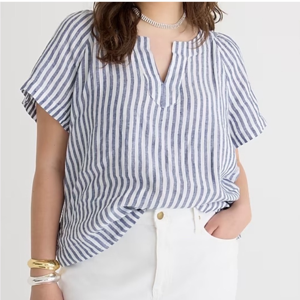 J Crew Flutter Sleeve V Neck Linen Top Navy Blue White Stripes- Size Small - Picture 2 of 12